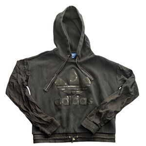 $120 NWOT Adidas Originals Black Cropped Hoodie 3D Logo w/Silky Sleeves Sz SMALL